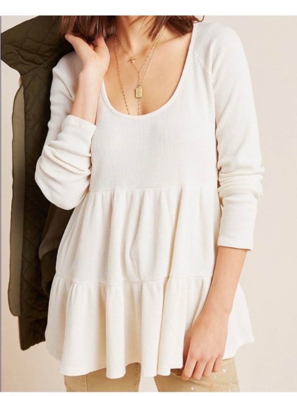 NWT Maeve Anthropologie Samina Long Sleeve Waffle Knit Thermal Babydoll Top XS